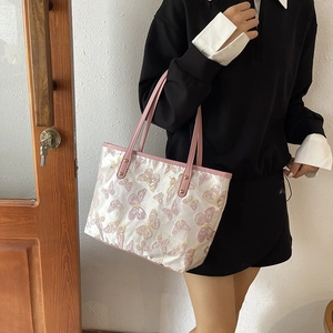 Butterfly Embroidery Large Capacity Tote Bag Fabric Canvas PU Leather Shoulder Handbag For Women Retro Elegant Commuting