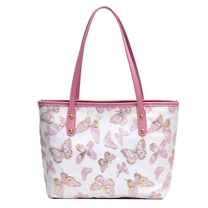 White jacquard tote bag with pink butterfly embroidery and leather shoulder straps