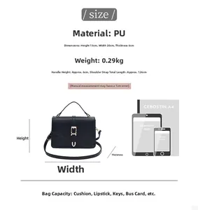Detailed size specifications for black PU leather crossbody bag showing dimensions and scale