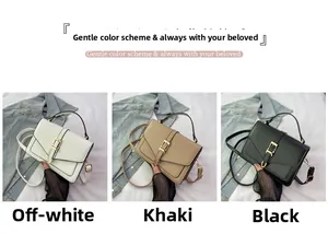 Detailed view of women's mini crossbody bags in cream, khaki, and black faux leather