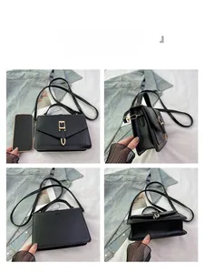 Detail views of minimalist black mini crossbody bag with golden H clasp and top handle
