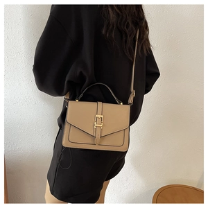 Close-up of stylish mini shoulder bag with metal buckle closure and top handle strap