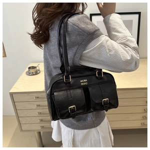 Vintage black PU leather shoulder bag with double pockets and gold buckle accents
