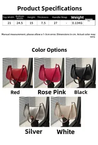 Detailed size chart and multi-color options for the minimalist PU leather shoulder bag