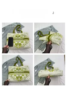 Vues détaillées des angles et de la toile du sac seau avec imprimé floral de mode