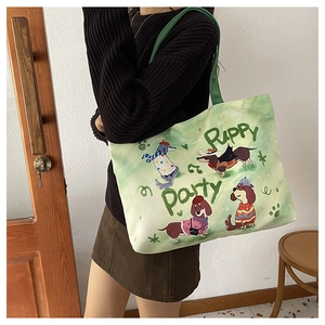 Vue détaillée du sac cabas en toile avec illustration de teckel Puppy Party