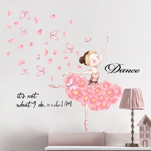 Ballet girl wall sticker with pink floral dress and inspirational dance quote for kids
