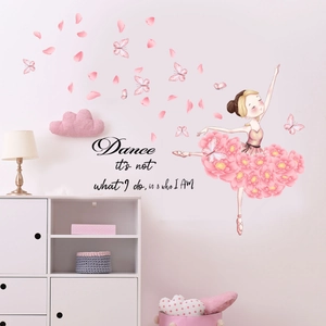 Ballet Girl Wall Sticker With Pink Flower Petals Butterflies Inspirational Quote DIY PVC Removable Decal For Kids Room Decor