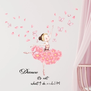 Detail of ballet dancer wall sticker with pink floral dress and butterfly decals