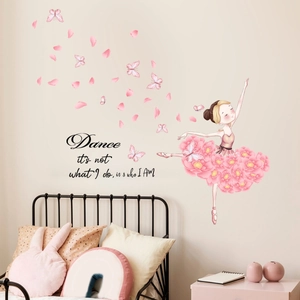 Pink ballet girl wall sticker with butterflies and floral petals for girl's bedroom decor