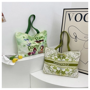 Mode Femmes Sac Fourre-tout En Toile Grande Capacité Imprimé Floral Et Chiot Sac À Main Décontracté Sac De Commuting