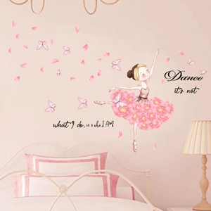 Ballerina girl wall sticker with pink peony skirt and butterflies for kids' bedroom decor