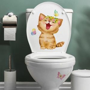 Toilettenaufkleber mit Cartoon-Katze, Sonnenblumenkranz und Schmetterlingen für das Bad