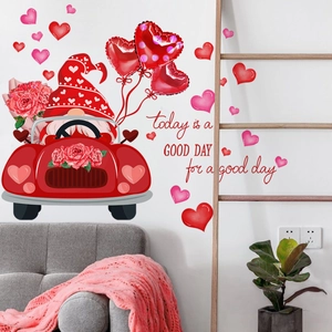 Valentine gnome driving red car with heart balloons self-adhesive wall sticker for bedroom