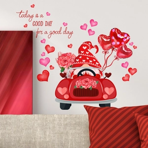 Detail of gnome driving vintage car wall decal with red heart balloons and quote