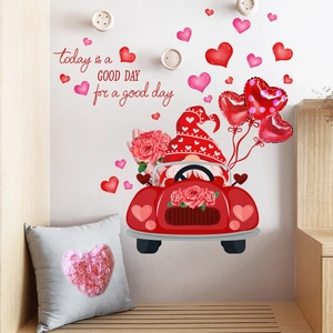 Detail of gnome with heart balloons wall decal displayed in a cozy living room setting