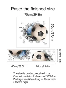 Detailed size guide for 3D soccer wall decal showing finished and received dimensions