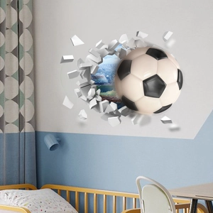 3D broken wall football sticker with realistic soccer ball effect for bedroom decor