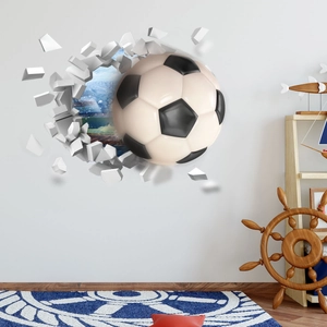 3D football wall sticker crashing through a white wall for bedroom interior decoration