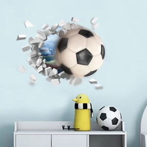 3D soccer ball breaking through wall sticker with realistic visual effect for bedroom decor