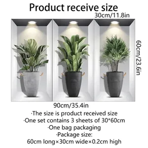 Set of 3 creative 3D faux window wall stickers featuring realistic green potted plants