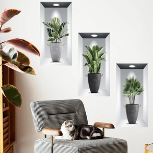 Detailed close-up of 3D wall stickers showing realistic potted plants with light effects