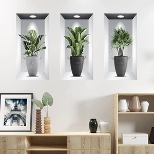 3D tropical plant wall stickers with monstera and palm patterns in modern interior