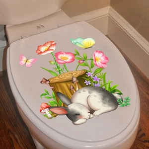 Cute Bunny Flower Toilet Seat Sticker Waterproof PVC Cartoon Rabbit Butterfly Decal For Bathroom Home Decor