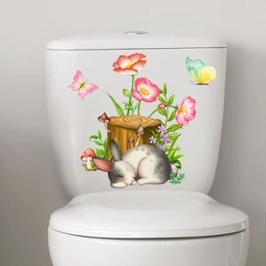 Cute gray rabbit and floral wall sticker for bathroom toilet cover decoration
