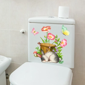 Cute sleeping rabbit with flowers wall sticker for bathroom toilet tank decoration