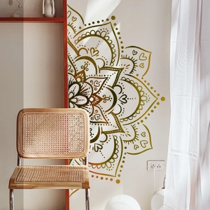 Large mandala wall decal with heart patterns and golden gradient for home decor