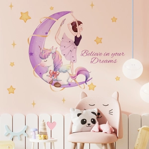 Stickers Muraux Licorne Lune Fille Ballerine Dessin Animé pour Chambre d'Enfant Décor PVC Stickers Autocollants Ornement