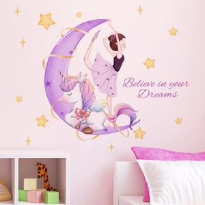 Stickers muraux licorne et danseuse avec lune et étoiles pour chambre d'enfant