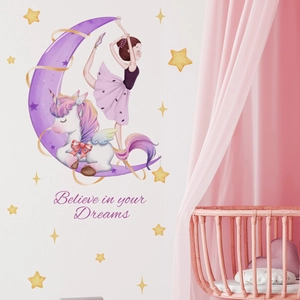 Sticker mural licorne et ballerine avec lune et étoiles pour chambre de fille