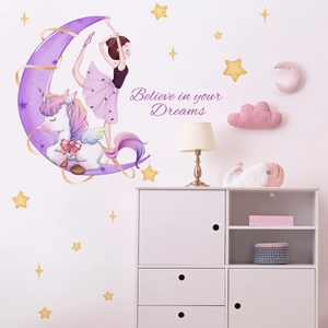 Détails du sticker mural licorne et ballerine avec citation Believe in your Dreams