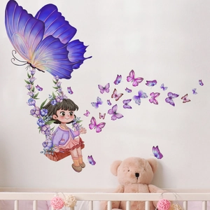 Cartoon Mädchen Auf Blumenschaukel Lila Schmetterling Wandaufkleber Wasserdicht PVC Selbstklebend DIY Aufkleber Für Kinderzimmer