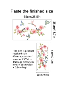 Detail view of pink flower and bird window film showing product dimensions and layout