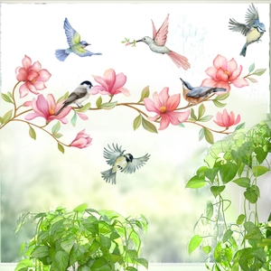 Window Stickers PVC Static Cling Double Sided Watercolor Birds And Magnolia Flowers Glass Decals Home Decoration