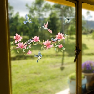 Pink magnolia blossoms and birds static window film decals for double-sided glass decor