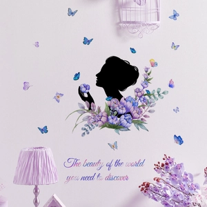 Adesivi Murali Silhouette Femminile PVC Fiori Viola Farfalle Citazione Motivazionale Murale Autoadesivo Decorazione Camera
