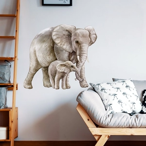 Watercolor elephant wall decal featuring mother and baby in a minimalist Nordic style