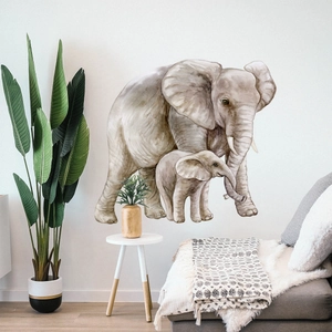 Detailed watercolor elephant wall stickers showing mother and baby for home decor
