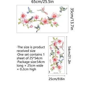 Pink magnolia flowers and birds static window film with detailed size specifications