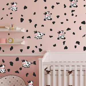 Stickers muraux vache cartoon et taches noires pour décoration chambre enfant rose