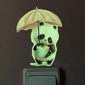 Autocollant mural panda phosphorescent avec parapluie pour décor d'interrupteur