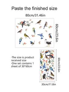 Size guide for bird and floral wall decals showing 80x60cm layout and 30x60cm sheet dimensions