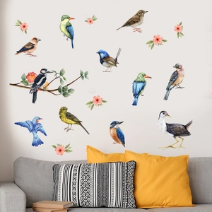 Watercolor birds and flower wall decals set on a modern living room background wall