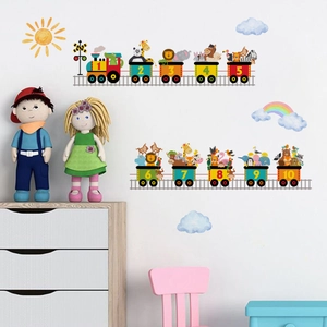 Cartoon animal train wall stickers with numbers 1 to 10 for nursery and kids room decor
