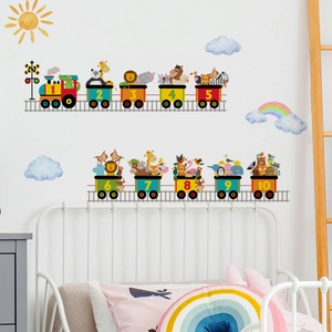 Cartoon animal train wall decals with numbers 1 to 10 for kids room wall decoration