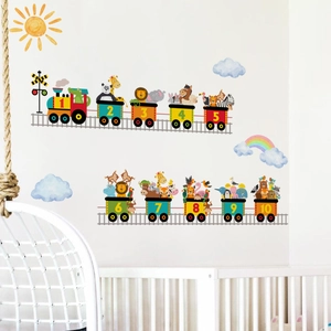 Detailed wall decal of cartoon animal train with numbers 1-10 for kids room decoration